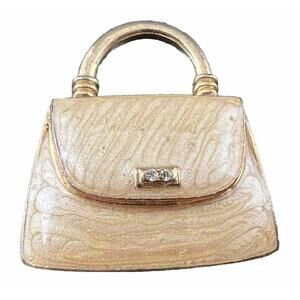 Vintage 1.5" purse bag pocketbook enamel brooch pin with rhinestones Gold tone